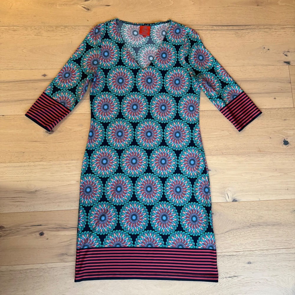 Tracy Negoshian Womens XS Geometric Kaleidoscope V-Neck Stripe Trim Shift Dress